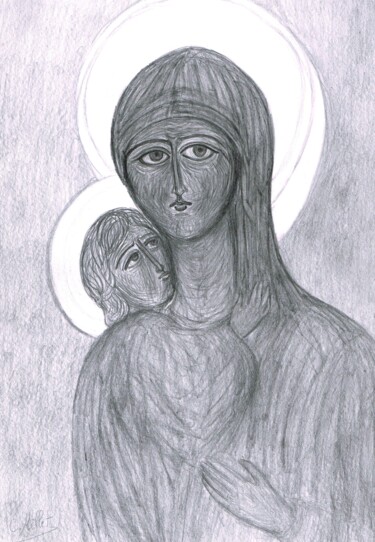 Dessin intitulée "Icône de la Vierge…" par Cindy Millet, Œuvre d'art originale, Crayon