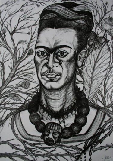 Desenho intitulada "Frida Kahlo, la cha…" por Cindy Millet, Obras de arte originais, Tinta