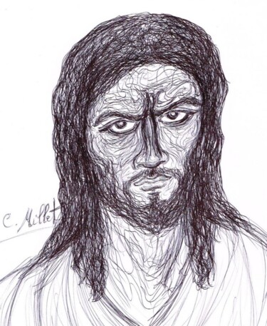 Рисунок под названием "Jésus de Nazareth l…" - Cindy Millet, Подлинное произведение искусства, Шариковая ручка