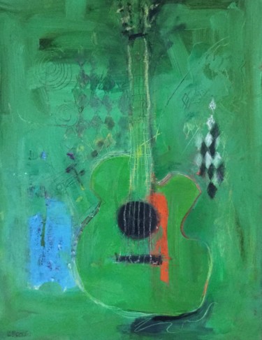 Painting titled "Green Guitar image.…" by Cindy Moore Caird, Original Artwork, Oil