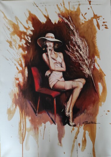 Schilderij getiteld "La chaise rouge" door Cynthia, Origineel Kunstwerk, Acryl