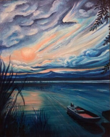 Pittura intitolato "Tramonto sul Lago" da Cinzia Quadri, Opera d'arte originale, Olio