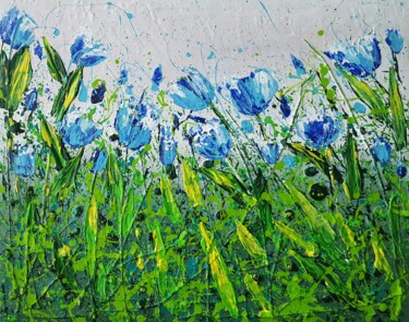 Painting titled "BLUE TULIPS FIELD" by Cinzia Mancini, Original Artwork, Acrylic