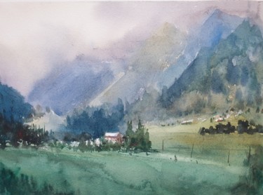 Painting titled "Austrian Village" by Cihan Polat, Original Artwork, Watercolor
