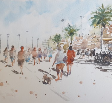 Painting titled "People walking in A…" by Cihan Polat, Original Artwork, Watercolor