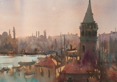 Painting titled "Istanbul Sunset Mood" by Cihan Polat, Original Artwork, Watercolor