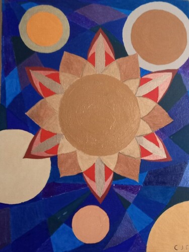 Pittura intitolato ""soleil en fleur"" da Cjf J0oe Crea, Opera d'arte originale, Olio Montato su Telaio per barella in legno