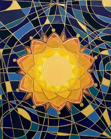 Peinture intitulée ""soleil bleu 2"" par Cjf J0oe Crea, Œuvre d'art originale, Huile Monté sur Châssis en bois