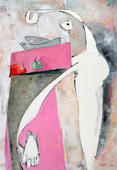 Painting titled "Monica at the table" by Jiri Havlik, Original Artwork, Acrylic