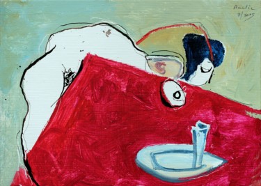Pintura intitulada "Nude girl at the ta…" por Jiri Havlik, Obras de arte originais, Acrílico