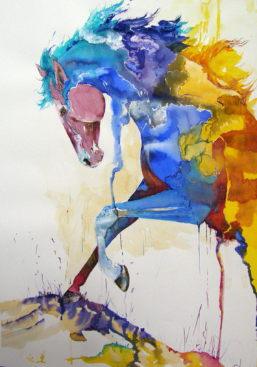 Pintura intitulada "The Rainbow Horse" por Cl, Obras de arte originais, Guache