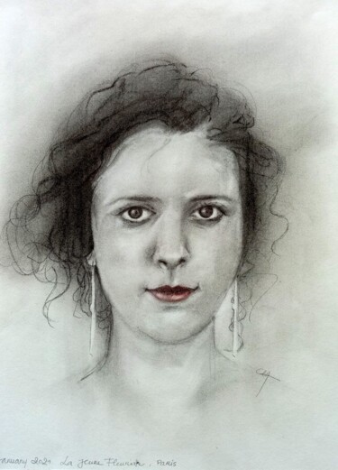 Drawing titled "La jeune fleuriste" by Cla Portraits, Original Artwork, Charcoal