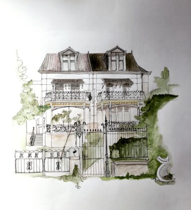 Desenho intitulada "Villa Roumanie" por Cla Portraits, Obras de arte originais, Tinta