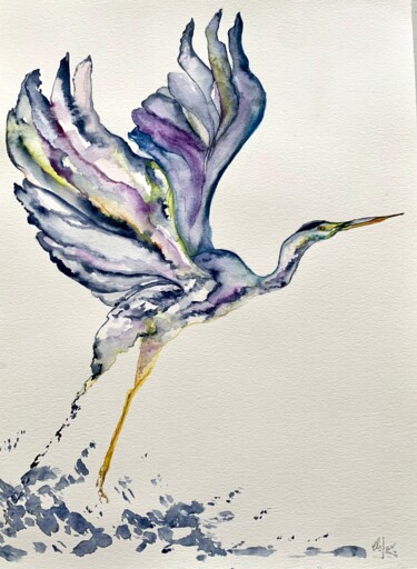 Peinture intitulée "L’envol du heron" par Claf_art Labadie, Œuvre d'art originale, Aquarelle