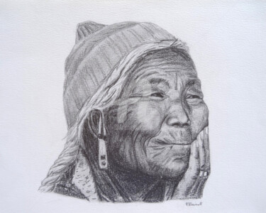 Dessin intitulée "Rigzin Momo : Viell…" par Claire Arnoult, Œuvre d'art originale, Crayon