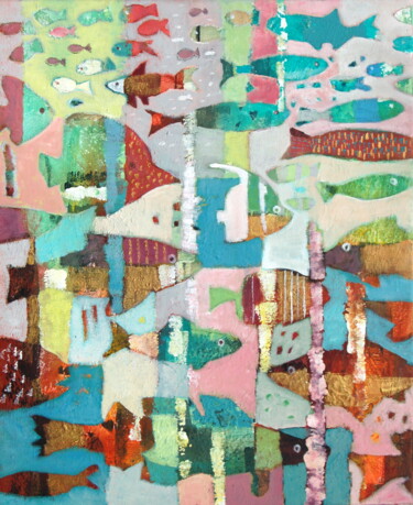 Painting titled "Poissons d'avril" by Claire Biette, Original Artwork, Acrylic Mounted on Wood Stretcher frame