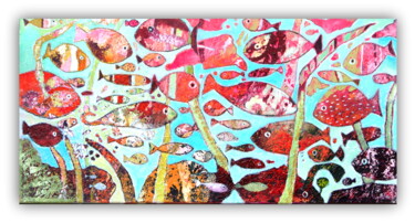 Painting titled "poissons roses" by Claire Biette, Original Artwork, Acrylic Mounted on Wood Stretcher frame
