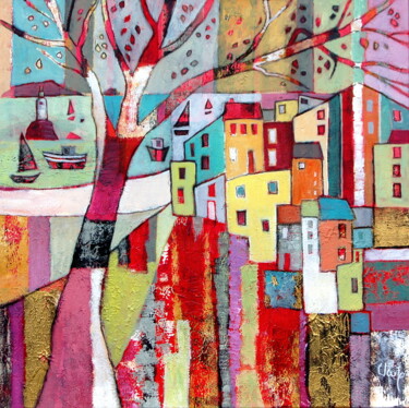 Painting titled "le village sur le r…" by Claire Biette, Original Artwork, Acrylic Mounted on Wood Stretcher frame