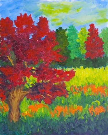 Картина под названием "L'érable rouge" - Claire Bizier, Подлинное произведение искусства, Масло Установлен на Деревянная рам…