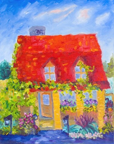 Peinture intitulée "Maison fleurie" par Claire Bizier, Œuvre d'art originale, Huile