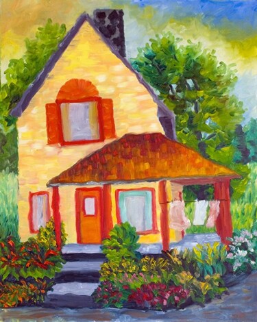 Peinture intitulée "La maison jaune" par Claire Bizier, Œuvre d'art originale, Huile