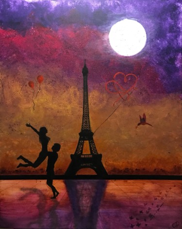 Painting titled "Paris, lovers city" by Lun'Artist, Original Artwork, Acrylic