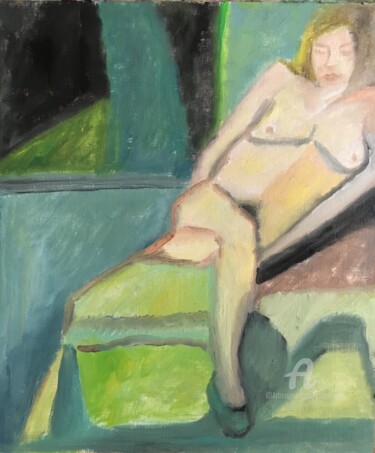 Painting titled ""Un nu en été"" by Claire Marie Gay, Original Artwork, Oil Mounted on Wood Panel