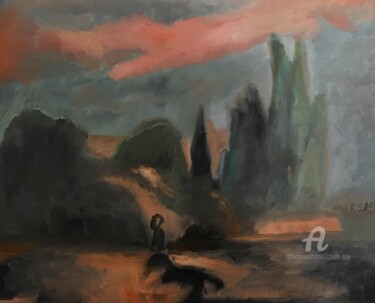 Painting titled ""Attente Nocturne"" by Claire Marie Gay, Original Artwork, Oil Mounted on Wood Panel