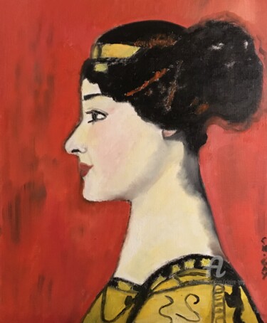 Malerei mit dem Titel ""As a Greek woman"" von Claire Marie Gay, Original-Kunstwerk, Öl Auf Holzplatte montiert