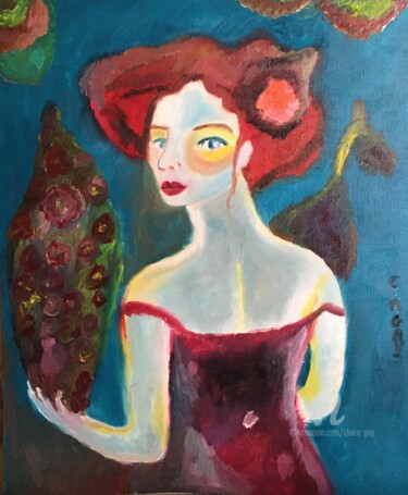 Malerei mit dem Titel ""Femme en fleur"" von Claire Marie Gay, Original-Kunstwerk, Öl Auf Holzplatte montiert