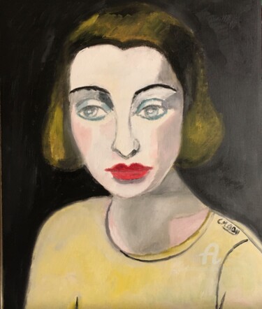 Schilderij getiteld ""Janis grey eyes"" door Claire Marie Gay, Origineel Kunstwerk, Olie Gemonteerd op Houten paneel