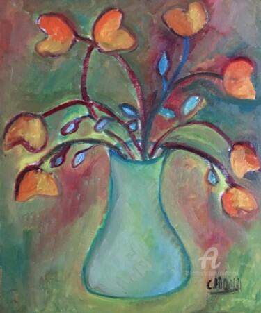 Painting titled ""Coeurs de fleurs"" by Claire Marie Gay, Original Artwork, Oil Mounted on Wood Panel