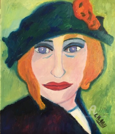 Schilderij getiteld ""Le chapeau bleu"" door Claire Marie Gay, Origineel Kunstwerk, Olie Gemonteerd op Houten paneel