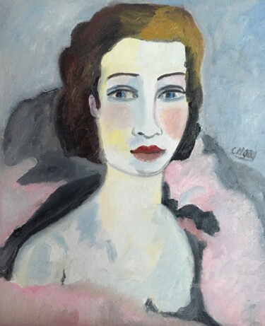 Peinture intitulée ""La femme au boa"" par Claire Marie Gay, Œuvre d'art originale, Huile Monté sur Panneau de bois