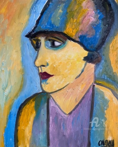 Peinture intitulée ""Le chapeau bleu ..…" par Claire Marie Gay, Œuvre d'art originale, Huile Monté sur Panneau de bois