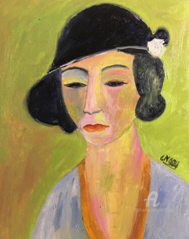 Painting titled ""La Femme au chapea…" by Claire Marie Gay, Original Artwork, Oil Mounted on Wood Panel