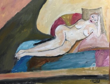 「"Eva, le modèle"」というタイトルの絵画 Claire Marie Gayによって, オリジナルのアートワーク, オイル ウッドパネルにマウント
