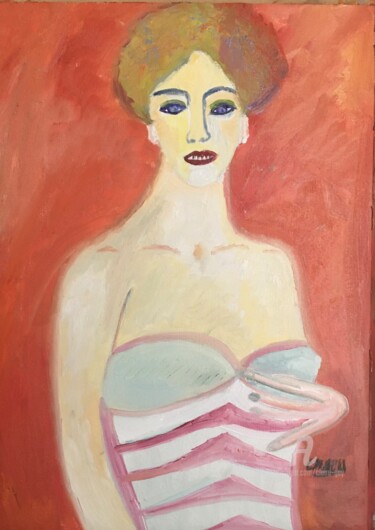 Ζωγραφική με τίτλο ""La femme au corset"" από Claire Marie Gay, Αυθεντικά έργα τέχνης, Λάδι Τοποθετήθηκε στο Ξύλινο πάνελ