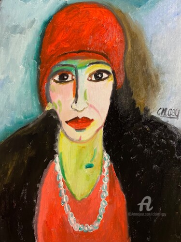 Painting titled ""La femme au chapea…" by Claire Marie Gay, Original Artwork, Oil Mounted on Wood Panel