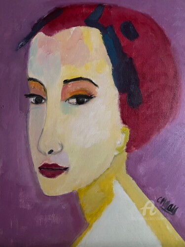 Painting titled ""La toque rouge"" by Claire Marie Gay, Original Artwork, Oil Mounted on Wood Panel