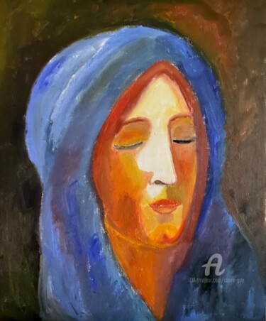 Malerei mit dem Titel ""La Madone Bleue"" von Claire Marie Gay, Original-Kunstwerk, Öl Auf Holzplatte montiert