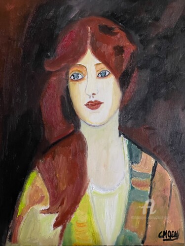 Peinture intitulée ""Red haired Karina"" par Claire Marie Gay, Œuvre d'art originale, Huile Monté sur Panneau de bois