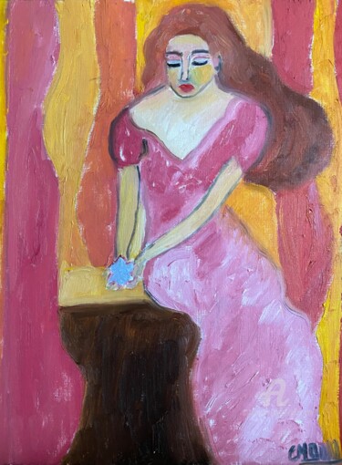 Painting titled ""La femme au lotus"" by Claire Marie Gay, Original Artwork, Oil Mounted on Wood Panel