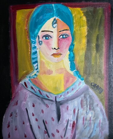 Pittura intitolato ""Lady blue"" da Claire Marie Gay, Opera d'arte originale, Olio Montato su Pannello di legno