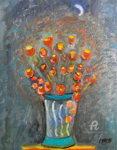 Painting titled ""Fleurs de Noël"" by Claire Marie Gay, Original Artwork, Oil Mounted on Wood Panel