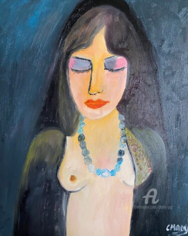 Painting titled ""Sara ou le collier…" by Claire Marie Gay, Original Artwork, Oil Mounted on Wood Panel