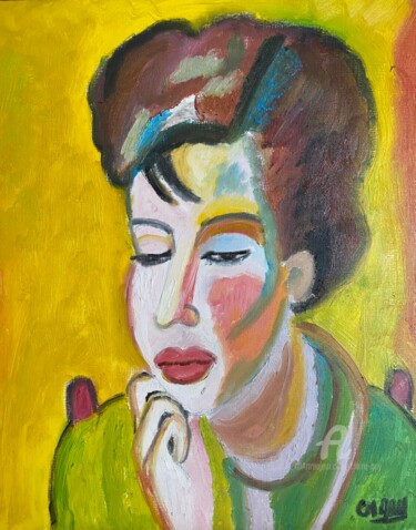 Painting titled ""Pensive"" by Claire Marie Gay, Original Artwork, Oil Mounted on Wood Panel