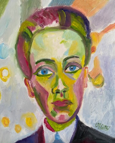 Painting titled ""Portrait de Delaun…" by Claire Marie Gay, Original Artwork, Oil Mounted on Wood Panel