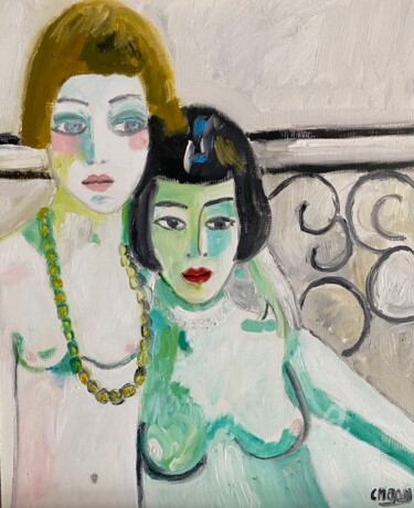 Schilderij getiteld ""Deux douces amies"" door Claire Marie Gay, Origineel Kunstwerk, Olie Gemonteerd op Houten paneel