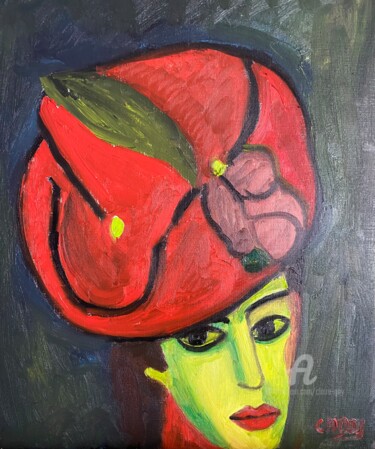 Schilderij getiteld ""Le chapeau rouge"" door Claire Marie Gay, Origineel Kunstwerk, Olie Gemonteerd op Houten paneel